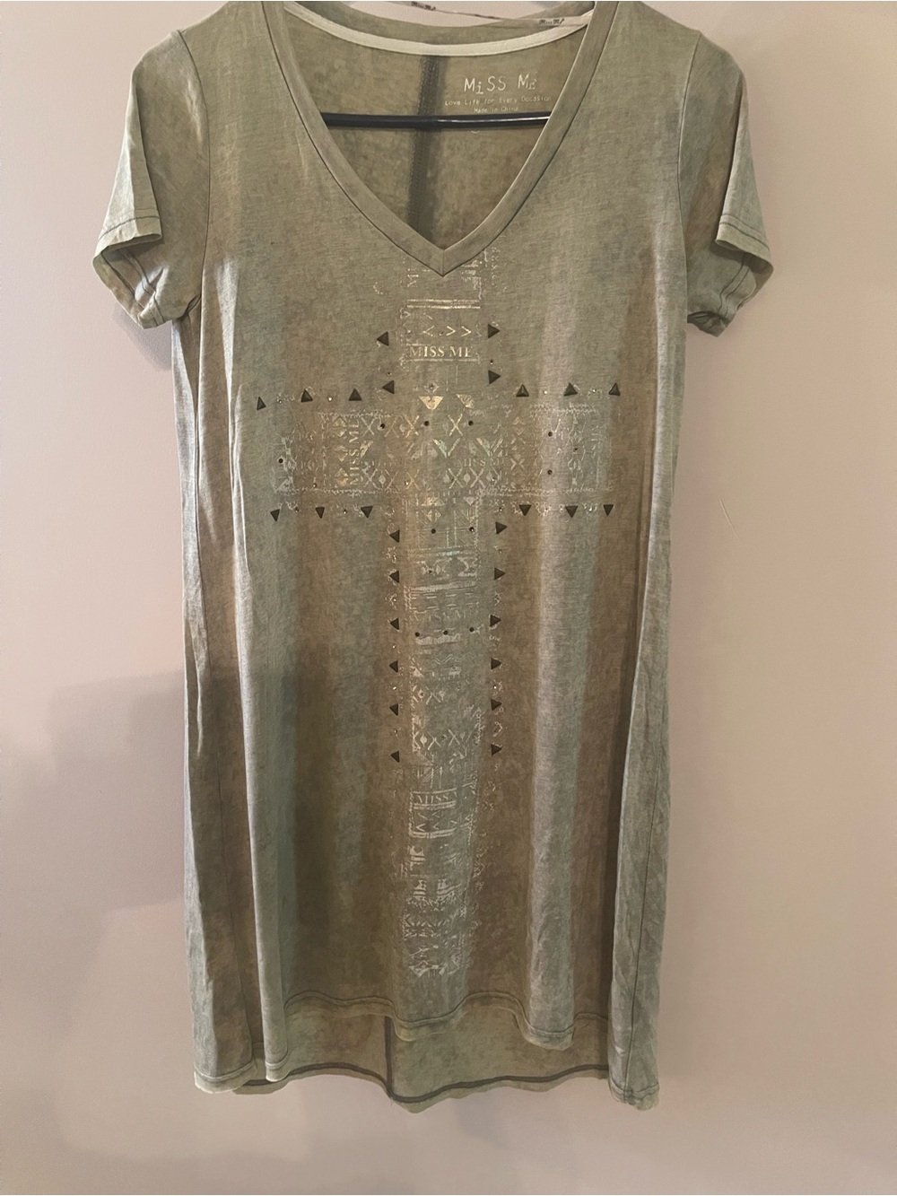 Miss Me Olive Green V-Neck Tunic/dress with Metallic Cross Detail